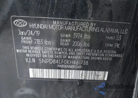 2019 Hyundai Elantra Value Edition z USA, uszkodzony, nr VIN 5NPD84LF0KH461738